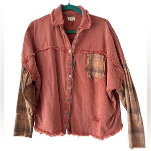 POL Worn Red Distressed Oversized Plaid Denim Overshirt